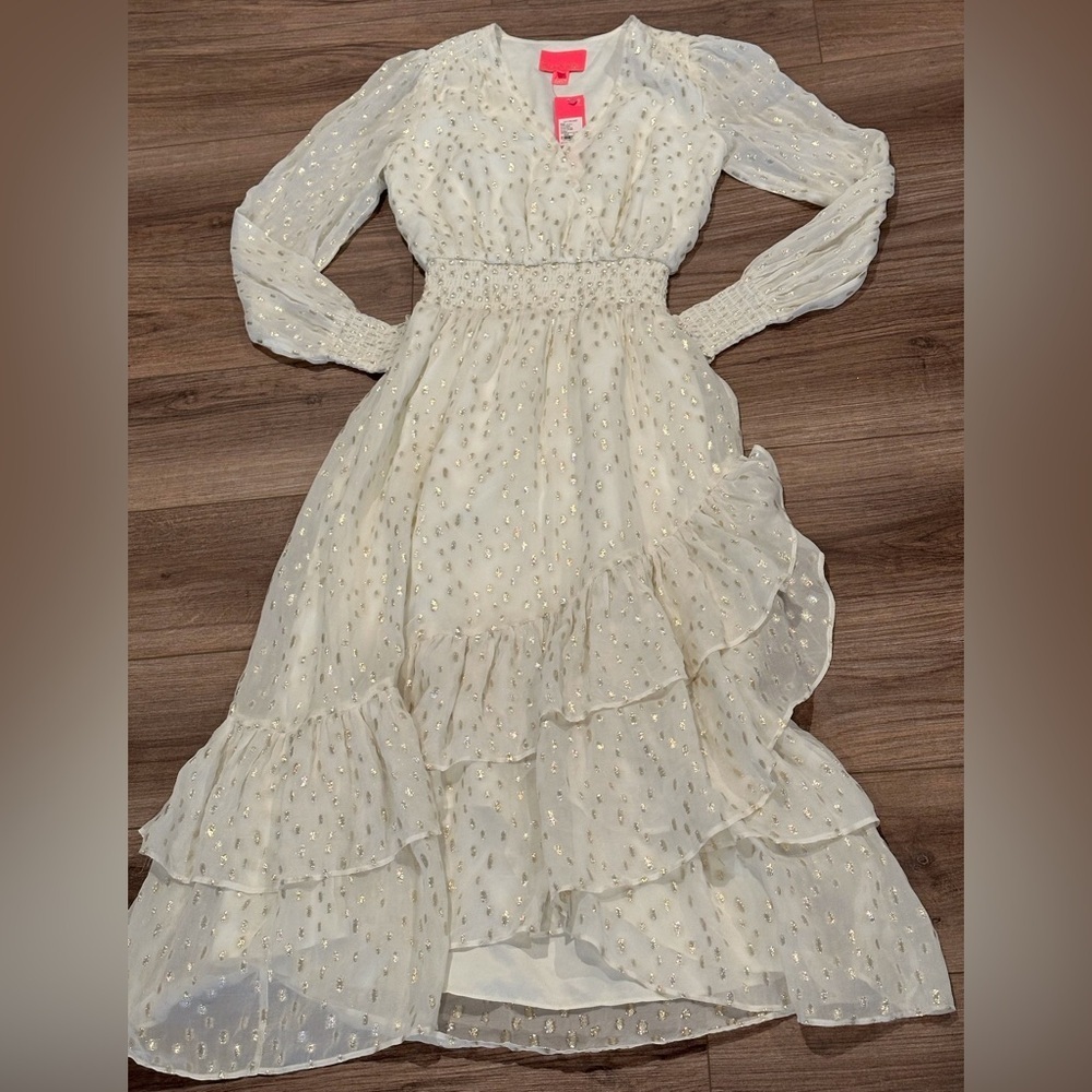 NWT! Lilly Pulitzer Cristiana Midi Long Sleeve Dress in Metallic Clip Coconut - Picture 4 of 13